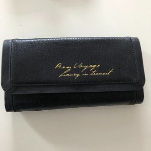 BCBG Maxazria black travel/passport clutch purse "Bon Voyage family in transit"